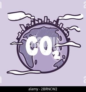 Globo terrestre che soffre sotto cambiamento climatico o riscaldamento globale, CO2. Cartone animato di doodle disegnato a mano. Illustrazione Vettoriale