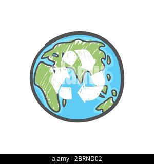 Globo terrestre con simbolo di riciclo disegnato a mano. Concetto mondiale di riduzione e riciclaggio dei rifiuti. Cura ecologica e concetto eco-compatibile. Illustrazione Vettoriale