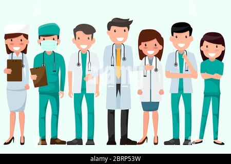 Illustrazione del concetto medico e sanitario. Caratteri del medico e dell'infermiere. Medici di lunghezza intera che indossano uniforme, Team Protect Coronavirus (CoVID-19), Checki Illustrazione Vettoriale