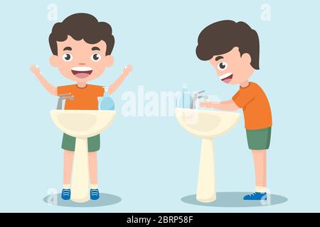 I bambini lavano le mani. I bambini si trovano in una vasca con gel lavamani. Buona pratica proteggere da covid-19 o coronavirus. Salute e med Illustrazione Vettoriale