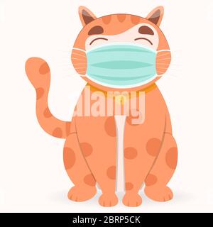Cute gatti arancione indossare maschera medica perché proteggere di Coronavirus COVID-2019 o inquinamento atmosferico o epidemie di virus. Illustrazione del cartone piatto vettoriale. Illustrazione Vettoriale