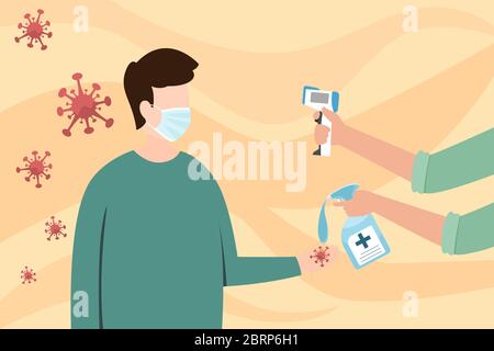 Termometro a infrarossi con mani per misurare la temperatura dell'uomo sulla fronte. Screening pazienti affetti da influenza coronavirus Covid-19 protezione malattia del coronavirus Illustrazione Vettoriale