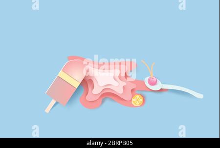 Arte di carta 3D e artigianato di bastone gelato con delizioso sapore rosa e rosso fusione.cucchiaio isolato, ciliegie e poligono d'arancia su gelato.Summerim Illustrazione Vettoriale