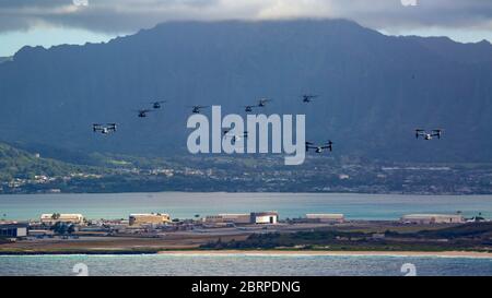 I Marines degli Stati Uniti con il gruppo di velivoli marini 24, hanno condotto una missione di addestramento integrata lungo le rive di Oahu dalla stazione aerea del corpo dei Marine Kaneohe Bay, base del corpo dei Marine Hawaii, 19 maggio 2020. Utilizzando tre piattaforme di volo separate, MAG-24 ha lanciato con successo sette Super Stallions CH-53E, sette Ospreys MV-22B e due vele UH-1Y, raggiungendo obiettivi di formazione critici per garantire la massima disponibilità. (STATI UNITI Marine Corps foto di CPL. Eric Tso) Foto Stock