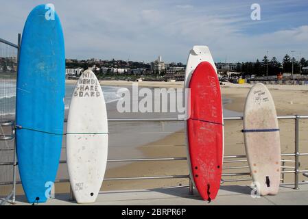 Fila di tavole da surf Lone Share appoggiate contro una railing a Bondi Beach durante le restrizioni Coronavirus Foto Stock