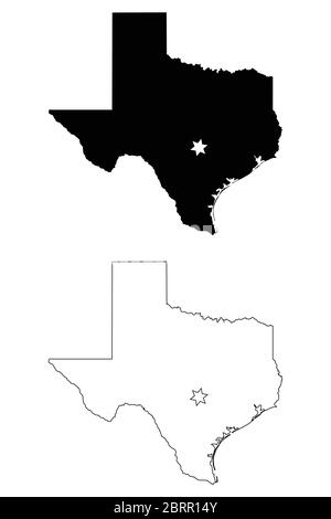 Texas Texas Texas Texas Texas Texas Texas Texas Texas state Map USA con Capital City Star ad Austin. Silhouette nera e mappe isolate su sfondo bianco. Vettore EPS Illustrazione Vettoriale