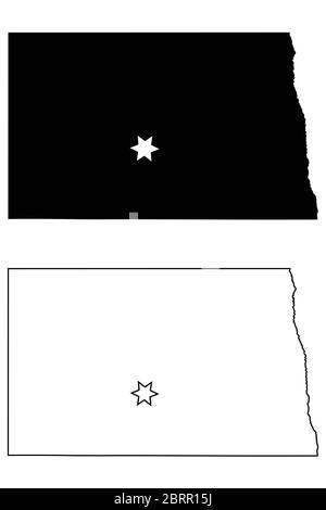 North Dakota ND state Map USA con Capital City Star a Bismark. Silhouette nera e profilo isolato su sfondo bianco. Vettore EPS Illustrazione Vettoriale