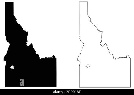 Idaho ID state Map USA con Capital City Star a Boise. Silhouette nera e profilo isolato su sfondo bianco. Vettore EPS Illustrazione Vettoriale