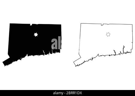 Mappa dello stato del Connecticut CT USA con Capital City Star a Hartford. Silhouette nera e mappe di contorno isolate su sfondo bianco. Vettore EPS Illustrazione Vettoriale