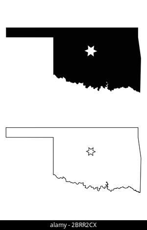 Oklahoma OK state Map USA con Capital City Star a Oklahoma City. Silhouette nera e profilo isolato su sfondo bianco. Vettore EPS Illustrazione Vettoriale