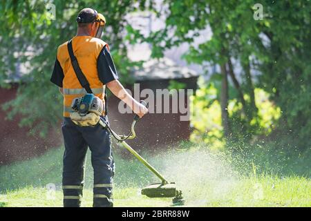 Lavoratore il taglio di erba in giardino con il trimmer di erbaccia Foto Stock