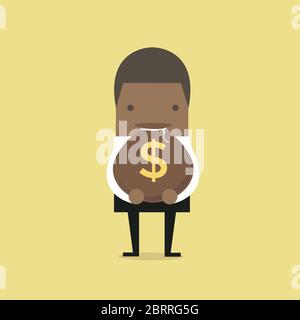 Uomo d'affari africano che tiene un sacchetto di soldi con il segno del dollaro. Illustrazione Vettoriale