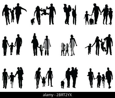 Silhouette nere di famiglie in una passeggiata su sfondo bianco Foto Stock