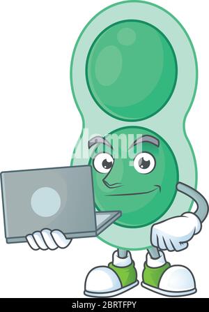 Il concetto di disegno cartoon Streptococcus pneumoniae verde diligente funziona da casa con il laptop Illustrazione Vettoriale