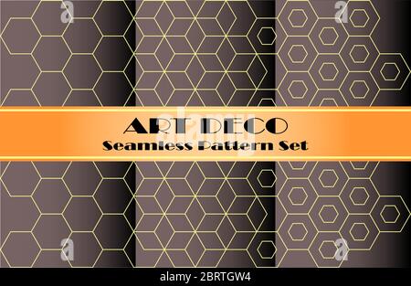 Set di motivi senza cuciture esagonali art deco, sfondo geometrico e carta da parati di lusso, elegante ornamento retrò classico, vettore astratto senza oro Illustrazione Vettoriale
