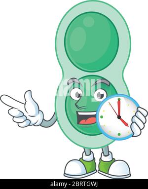 disegno cartoon concetto di streptococcus pneumoniae verde con un orologio circolare Illustrazione Vettoriale