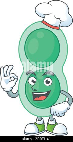 Green Streptococcus pneumoniae chef disegno cartone animato con orgoglio indossare cappello bianco Illustrazione Vettoriale