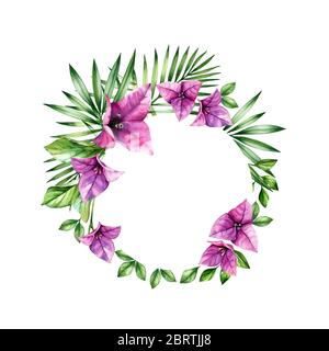 Corona floreale acquerello. Cornice rotonda e posiziona per il testo. Fiori viola bouganvillea. Modello di bandiera tropicale isolato su bianco per logo, matrimonio, Foto Stock