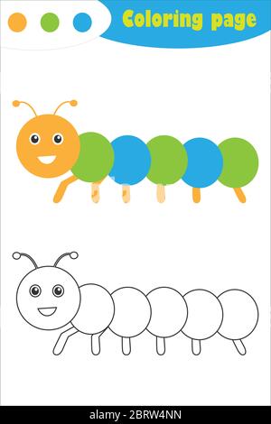 Caterpillar in stile cartoon, pagina da colorare, gioco di carta primaverile per lo sviluppo dei bambini, attività prescolare bambini, foglio di lavoro stampabile Illustrazione Vettoriale