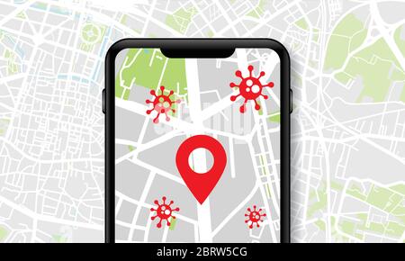 Smartphone con un'applicazione di tracciamento contatct di coronavirus covid-19 Illustrazione Vettoriale