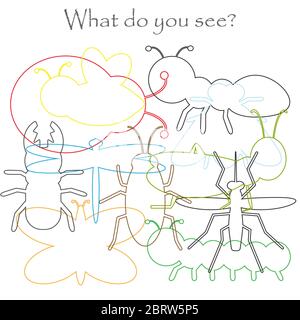 Trova oggetti nascosti sulla foto, tema insetti, set contorno mishmash, divertente gioco di istruzione per i bambini, attività prescolare per i bambini, vettore Illustrazione Vettoriale