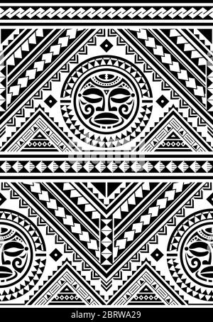 Modello vettoriale geometrico senza cuciture polinesiane con disegno del tatuaggio del mandala della faccia Maori, sfondo tribale Hawaiiano ispirato all'arte tradizionale geometrica Illustrazione Vettoriale