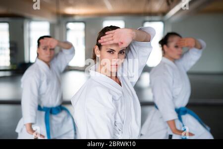 Gruppo di giovani donne che praticano il karate all'interno della palestra. Foto Stock