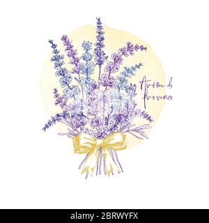 Carino carta con di disegno a mano di fiore di Lavanda e piccolo arco isolato su sfondo bianco. Francia motivo retrò per un design romantico concetto Illustrazione Vettoriale