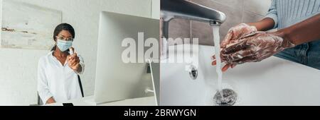 collage di freelance afroamericano in maschera medica che mostra spray antisettico e lavando le mani con sapone, immagine orizzontale Foto Stock
