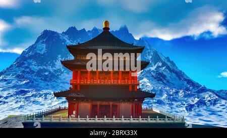 Sun temple - santuario buddista in Himalaya rendering 3D Foto Stock