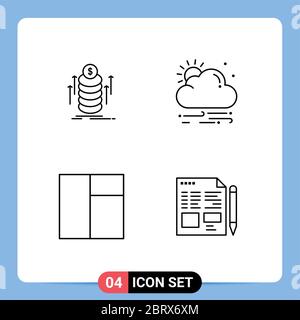 Set di 4 icone moderne dell'interfaccia utente simboli per soldi, file, monete, meteo, matita elementi di disegno vettoriale editabili Illustrazione Vettoriale