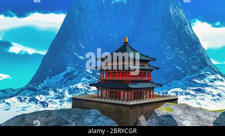 Sun temple - santuario buddista in Himalaya rendering 3D Foto Stock