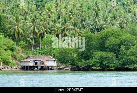 Casa di palafitte su Malenge, isole Togee, Sulawesi, Indonesia Foto Stock