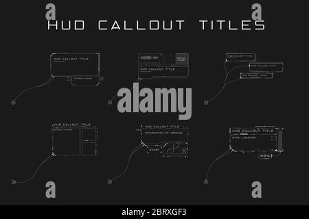 Set di titoli di didascalia in stile HUD. Elementi di design fantascientifico futuristici. Tratto modificabile. Ottimo per l'animazione. Vettore Illustrazione Vettoriale