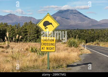 Cartello di avvertimento Kiwi sulla strada per il Parco Nazionale di Tongariro, Isola del Nord, Nuova Zelanda Foto Stock