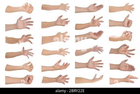 Gesti della mano e raccolta di segni isolati su sfondo bianco. Oggetto con tracciato di ritaglio. Foto Stock
