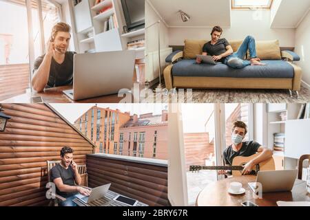 collage di uomo in cuffia seduto al tavolo e sdraiato sul divano, parlando sullo smartphone sul balcone, e uomo in maschera medica che suona la chitarra vicino al computer portatile Foto Stock