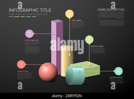 Modello infografico vettoriale scuro multiuso con varie forme 3d a colori Illustrazione Vettoriale