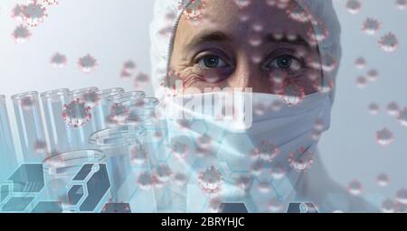 Operatore sanitario che indossa maschera facciale su macro coronavirus covid19 cellule che si diffonde Foto Stock