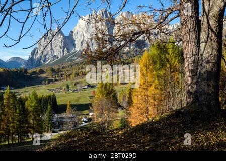 Soleggiato scenario alpino delle Dolomiti, Sudtirol, Italia. Vista tranquilla dai dintorni di Cortina d'Ampezzo, le cime rocciose del Gruppo Cristallo in f Foto Stock