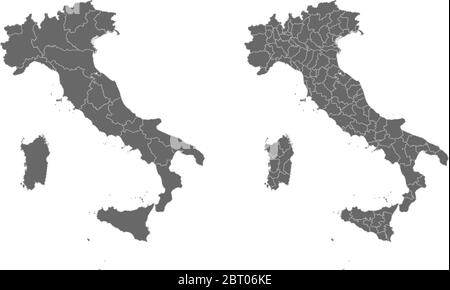 Due mappe vettoriali dettagliate delle regioni italiane e delle aree amministrative in grigio Illustrazione Vettoriale