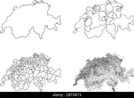 Quattro mappe vettoriali dettagliate delle regioni svizzere e delle aree amministrative in bianco Illustrazione Vettoriale