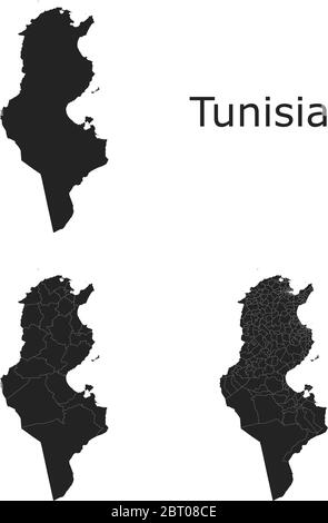 Tunisia mappe vettoriali con regioni amministrative, comuni, dipartimenti, frontiere Illustrazione Vettoriale