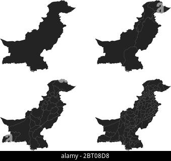 Pakistan mappe vettoriali con regioni amministrative, comuni, dipartimenti, frontiere Illustrazione Vettoriale