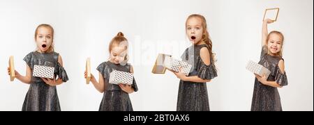 Una serie di quattro foto di una ragazza in un vestito da festa che apre una scatola con un regalo ed è felice o sorpreso Foto Stock