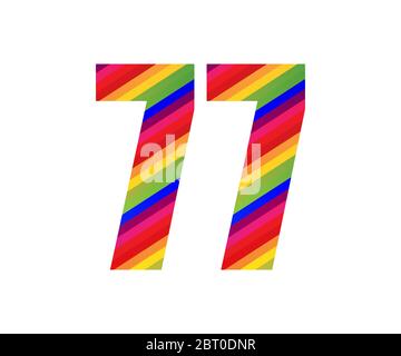 77 numero carattere numerico stile arcobaleno. Coloratissimo Settanta sette numeri illustrazione vettoriale disegno isolato su sfondo bianco. Illustrazione Vettoriale