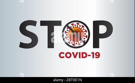 Stop Coronavirus tipografia logo con Coronavirus batteri Cell, 2019 nuovi Coronavirus batteri. Arrestare il vettore di Coronavirus sullo sfondo del gradiente. Illustrazione Vettoriale