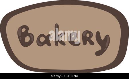 Targhetta da forno, logo doodle. Design disegnato a mano. Un'icona per il caffè, bakeshop. Colori marroni, panetteria semplice con testo piatto su una bolla vocale ovale Illustrazione Vettoriale
