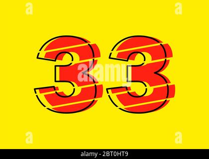 Glitch Modern Red 33 Number Design Vector Illustration. Numeral Vector stile trendy Flat Line. Modello di illustrazione di elementi vettoriali per Web Design o. Foto Stock