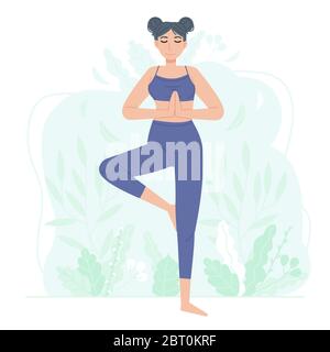 Sport sportivo di carattere ragazza pratica sport come fitness, yoga o pilates. Albero in piedi Womab posa vrikshasana su sfondo astratto con fiori. Scorte Illustrazione Vettoriale